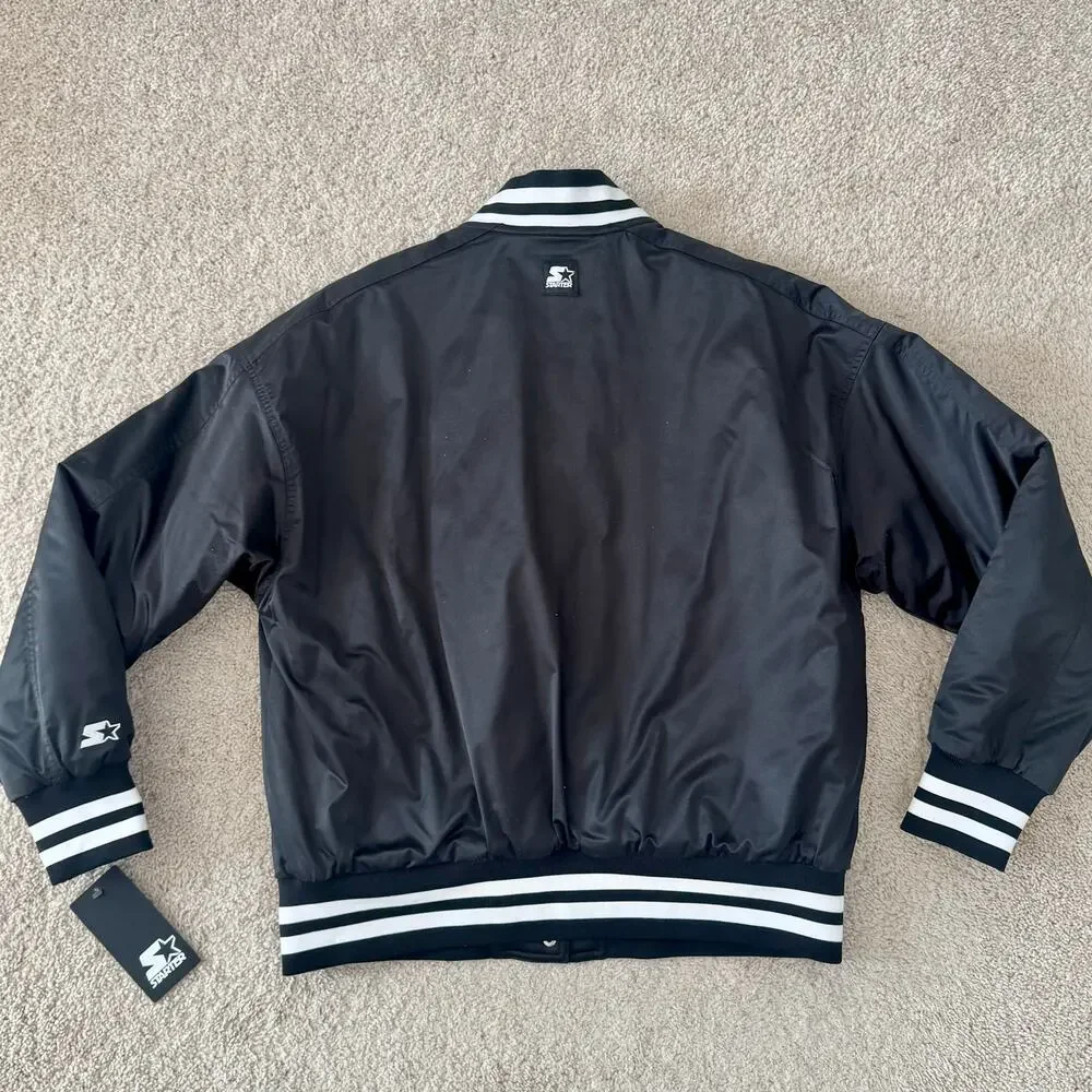 Starter Varsity Jacket Bomber Snap Front Satin Logo Retro Small Black NEW